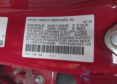 2018 Honda Accord Sport z USA, uszkodzony, nr VIN 1HGCV1F33JA263859